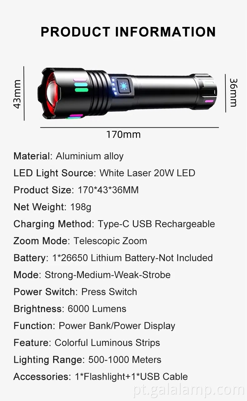 Lanterna a laser branca, iluminação à prova d'água forte, carregamento multifuncional